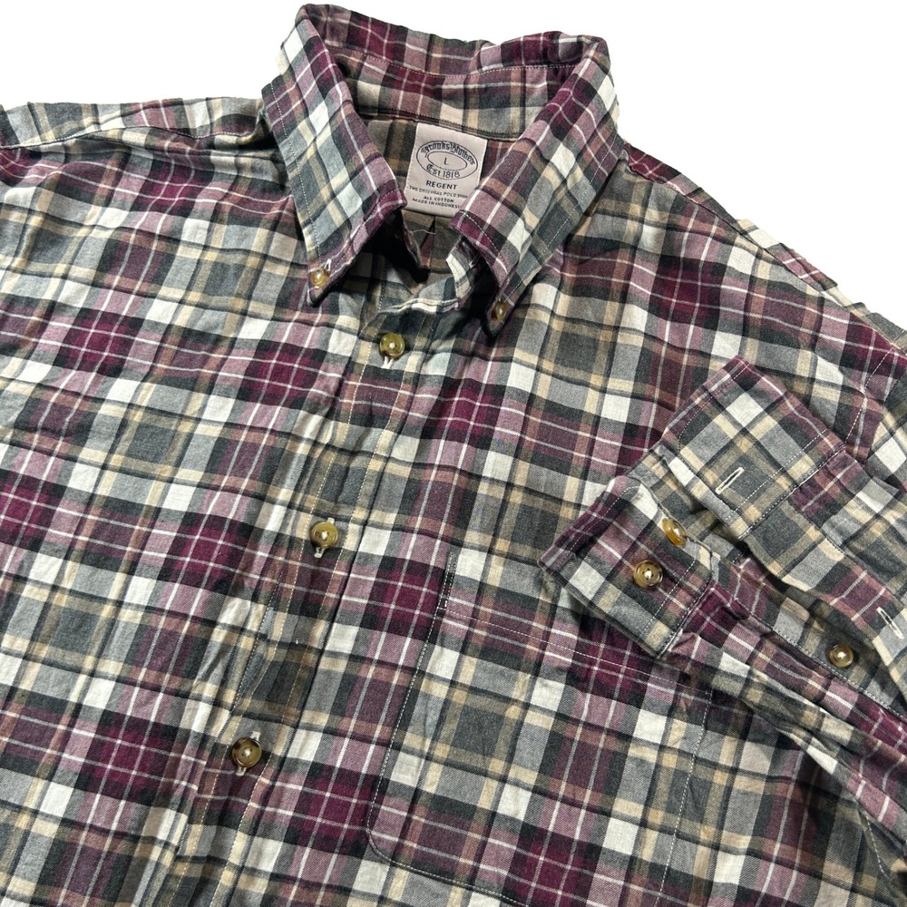 Brooks Brothers Button Down Shirt Mens L Burgundy Plaid Regent Fit Cotton
